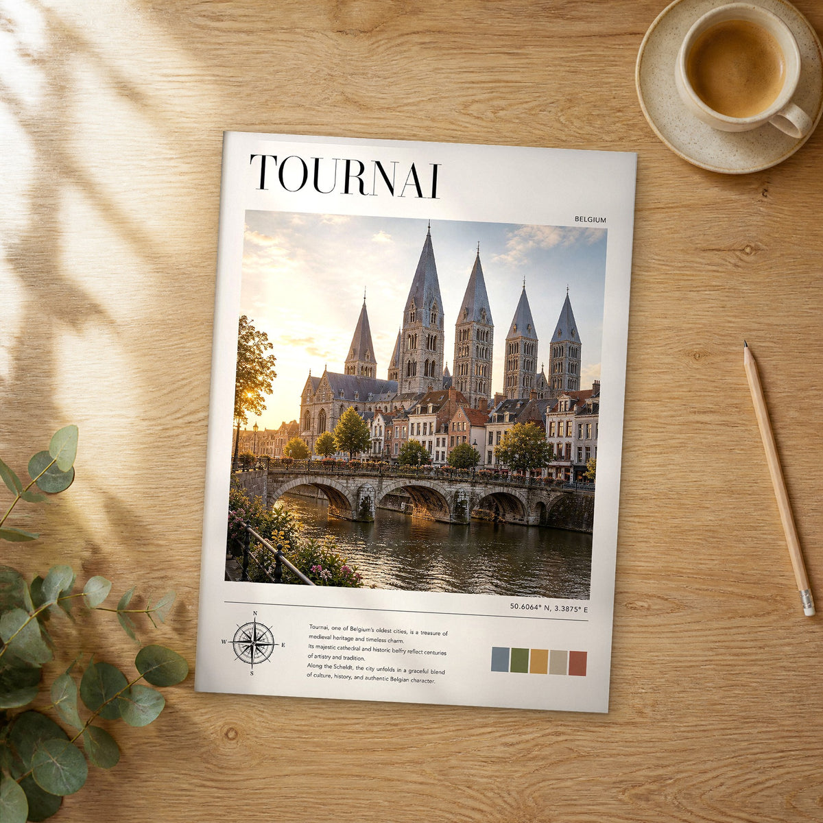 Unframed Tournai modern photography travel poster on a wooden table