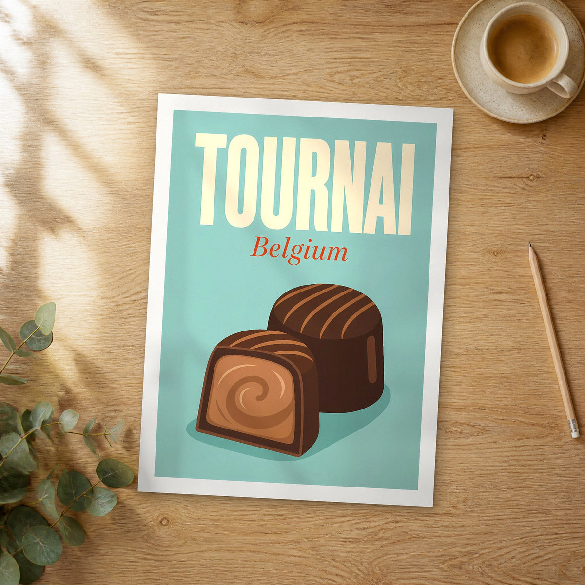 Unframed Tournai pop art travel poster on a wooden table