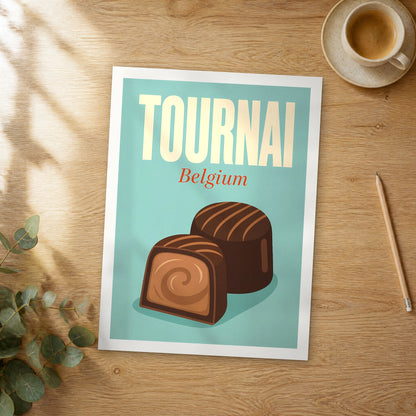 Unframed Tournai pop art travel poster on a wooden table