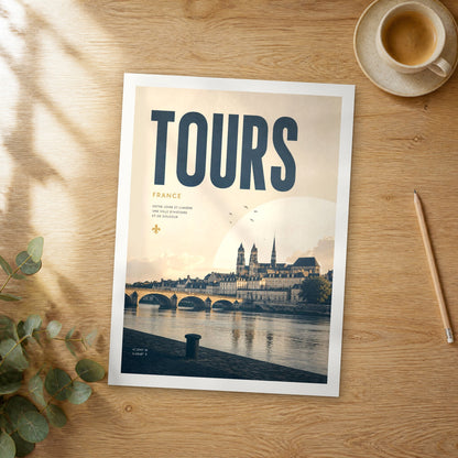 Unframed Tours bold typography travel poster on a wooden table
