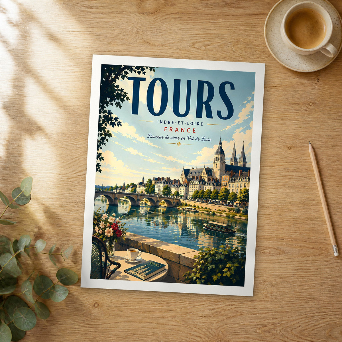 Unframed Tours retro travel poster on a wooden table