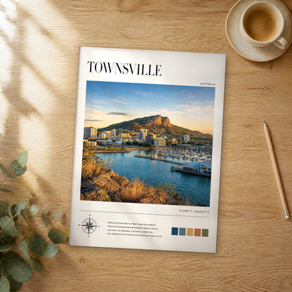 Unframed Townsville modern photography travel poster on a wooden table
