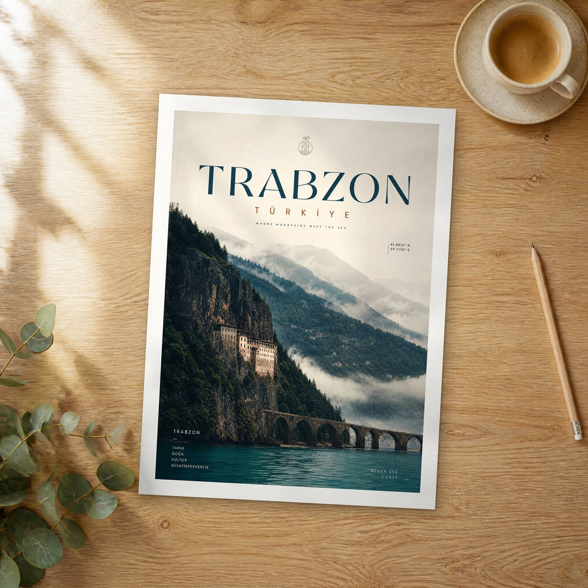 Unframed Trabzon bold typography travel poster on a wooden table