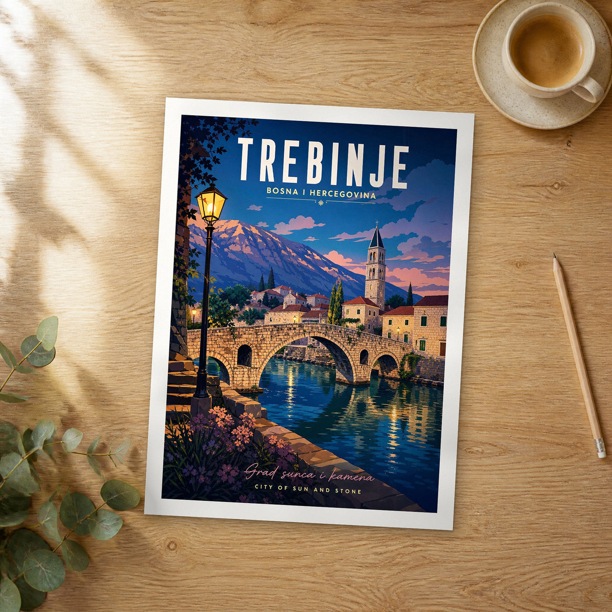 Unframed Trebinje retro travel poster on a wooden table