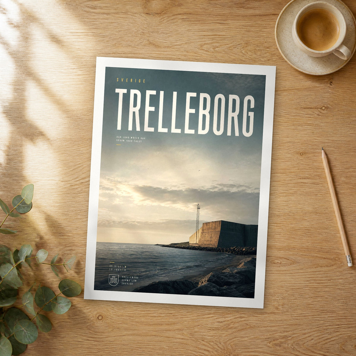 Unframed Trelleborg bold typography travel poster on a wooden table