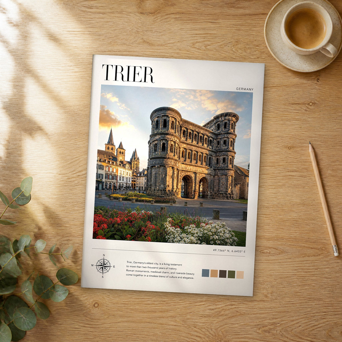 Unframed Trier modern photography travel poster on a wooden table