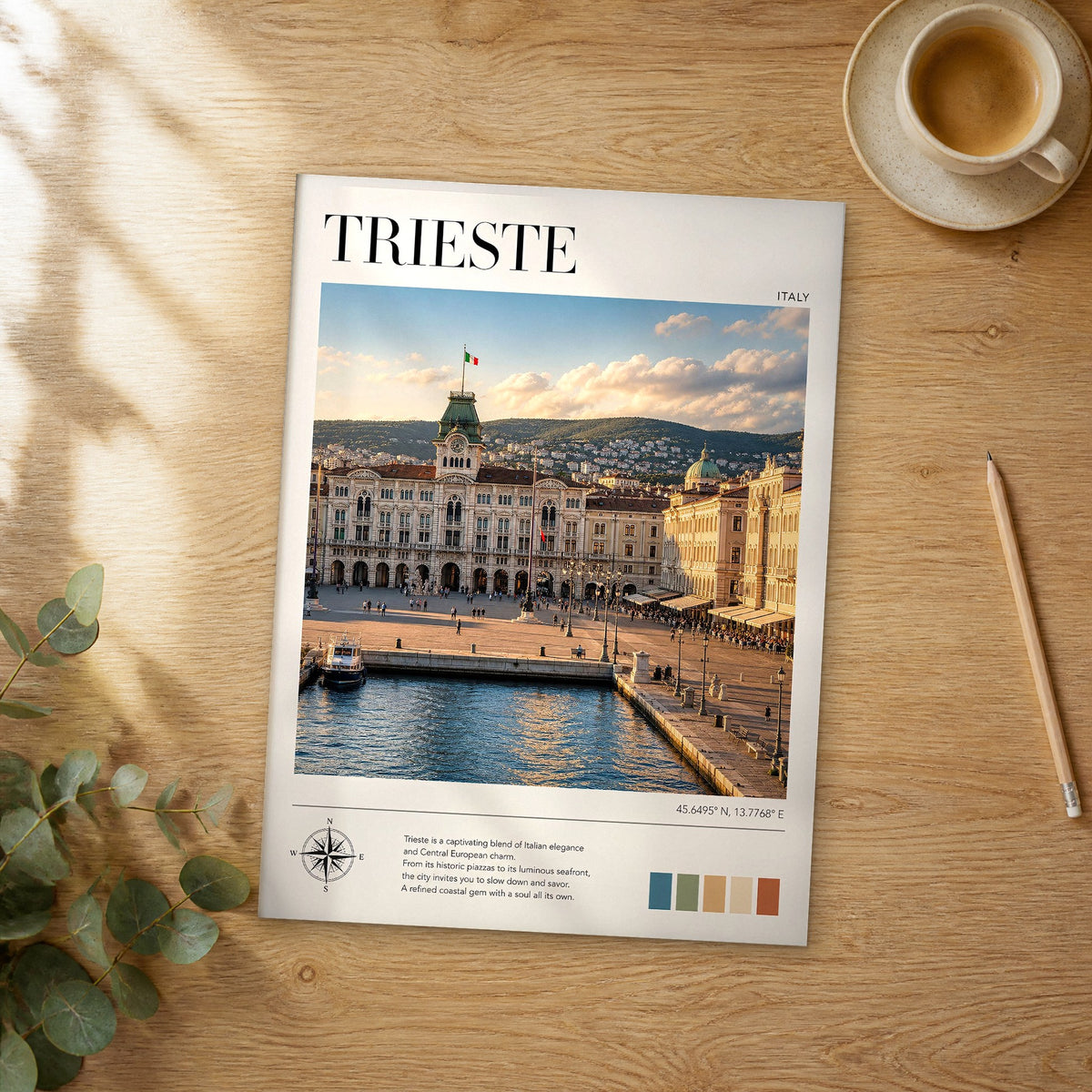 Unframed Trieste modern photography travel poster on a wooden table