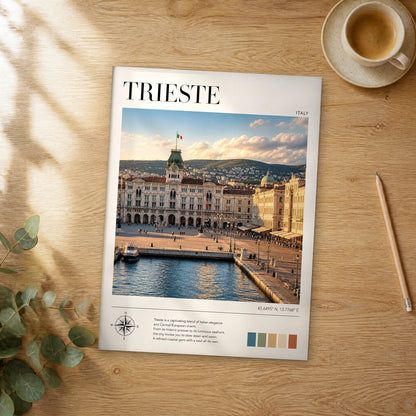 Unframed Trieste modern photography travel poster on a wooden table
