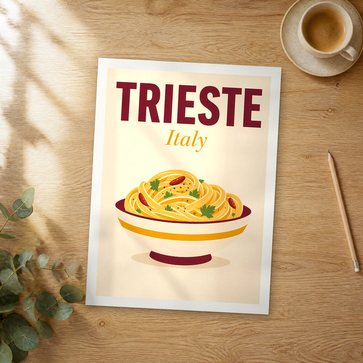 Unframed Trieste pop art travel poster on a wooden table