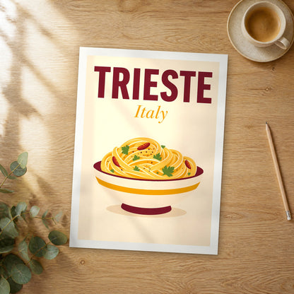 Unframed Trieste pop art travel poster on a wooden table