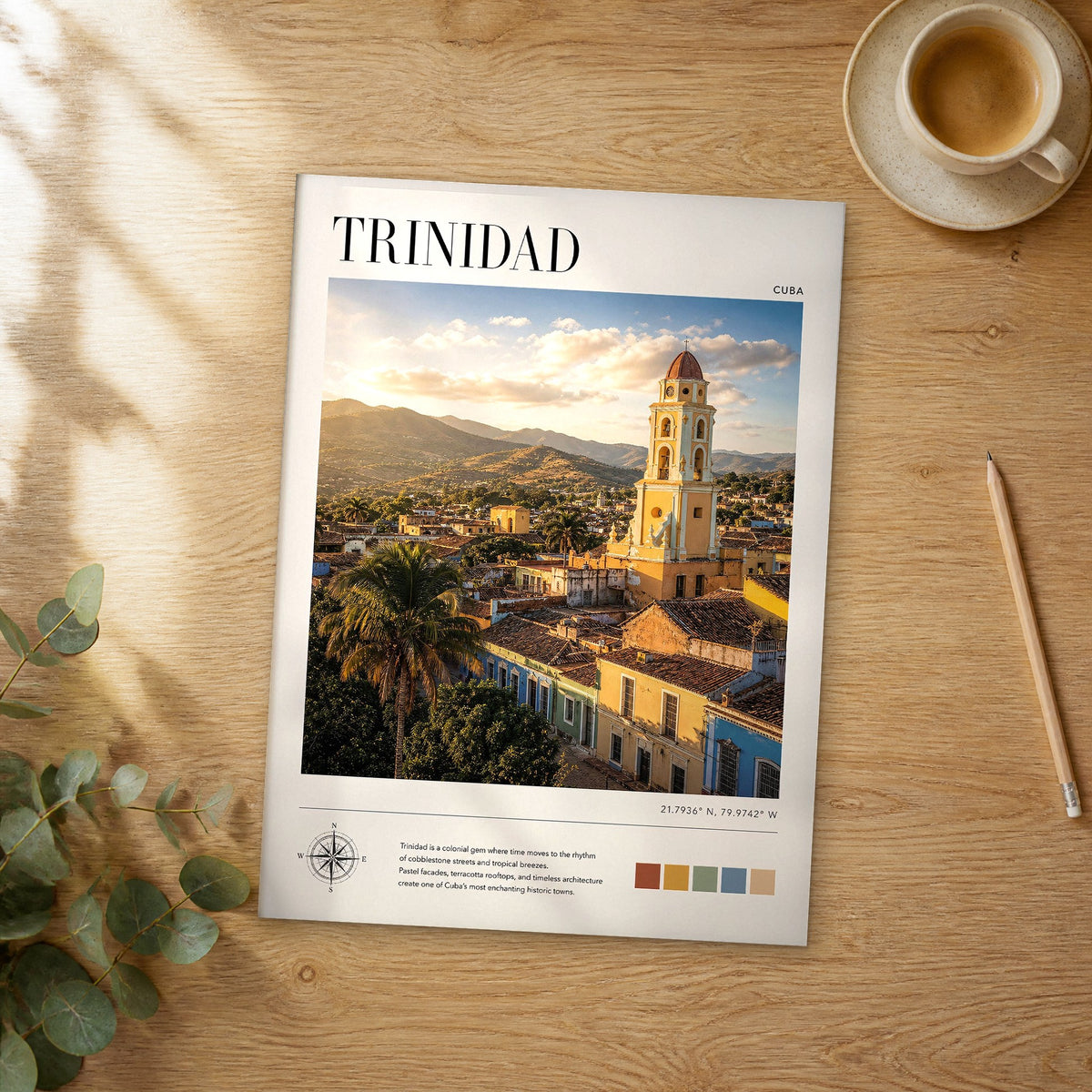 Unframed Trinidad modern photography travel poster on a wooden table