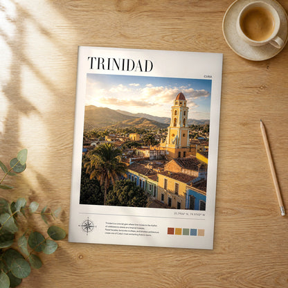 Unframed Trinidad modern photography travel poster on a wooden table