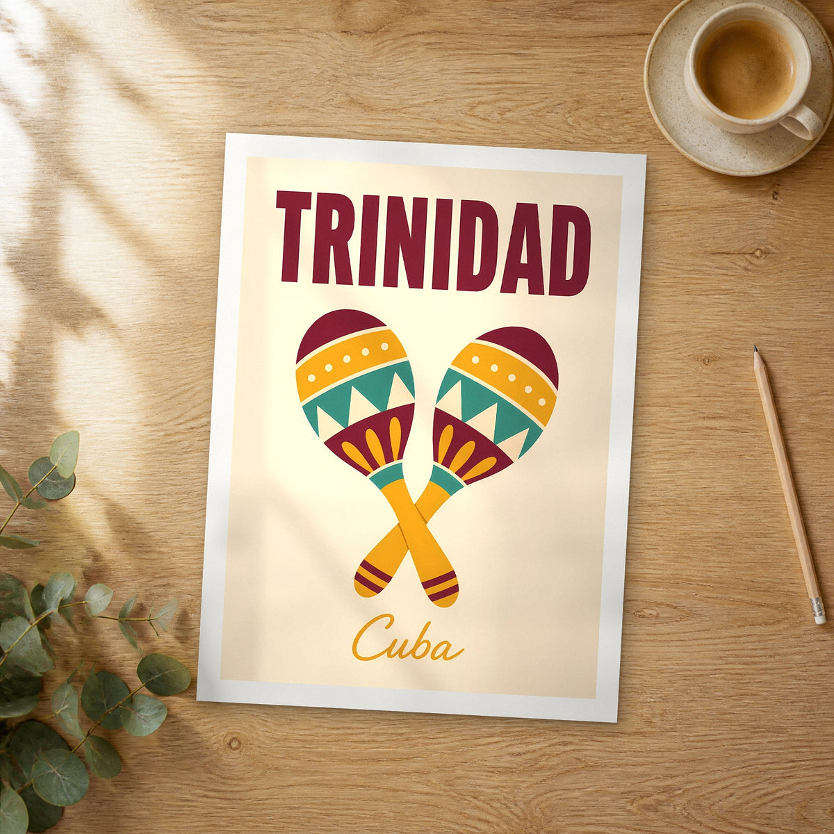 Unframed Trinidad pop art travel poster on a wooden table