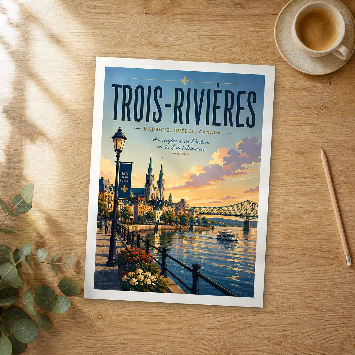 Unframed Trois-Rivières retro travel poster on a wooden table