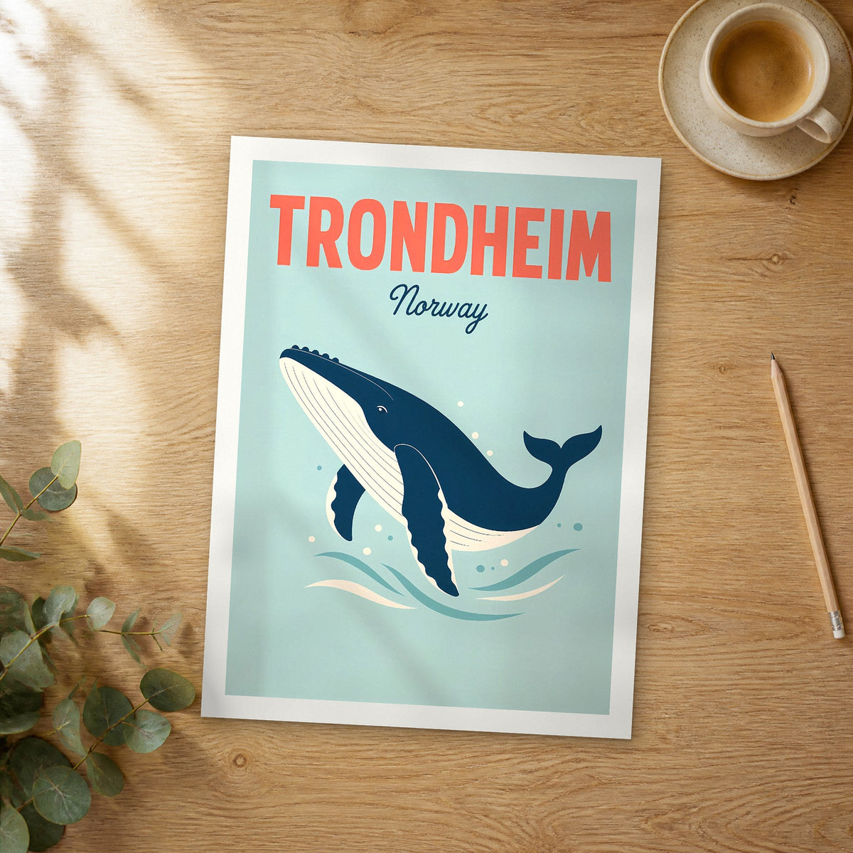 Unframed Trondheim pop art travel poster on a wooden table