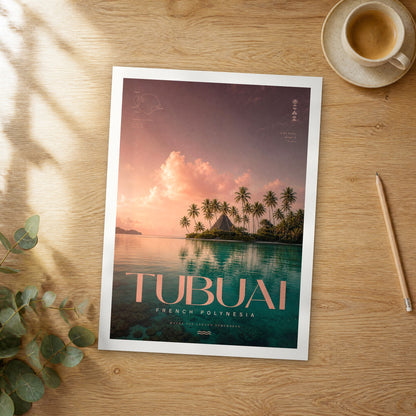 Unframed Tubuai bold typography travel poster on a wooden table