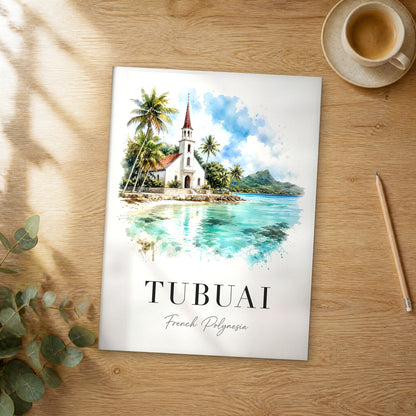 Unframed Tubuai watercolor travel poster on a wooden table