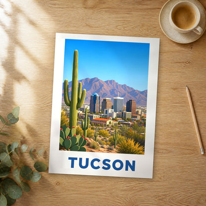Unframed Tucson modern digital travel poster on a wooden table