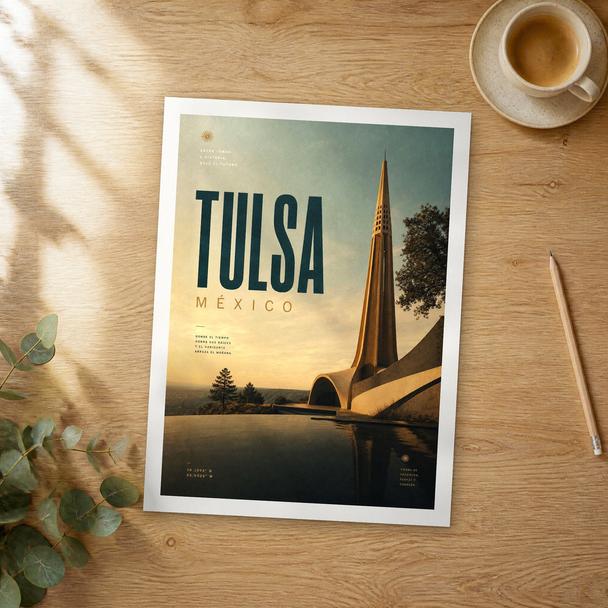 Unframed Tulsa bold typography travel poster on a wooden table