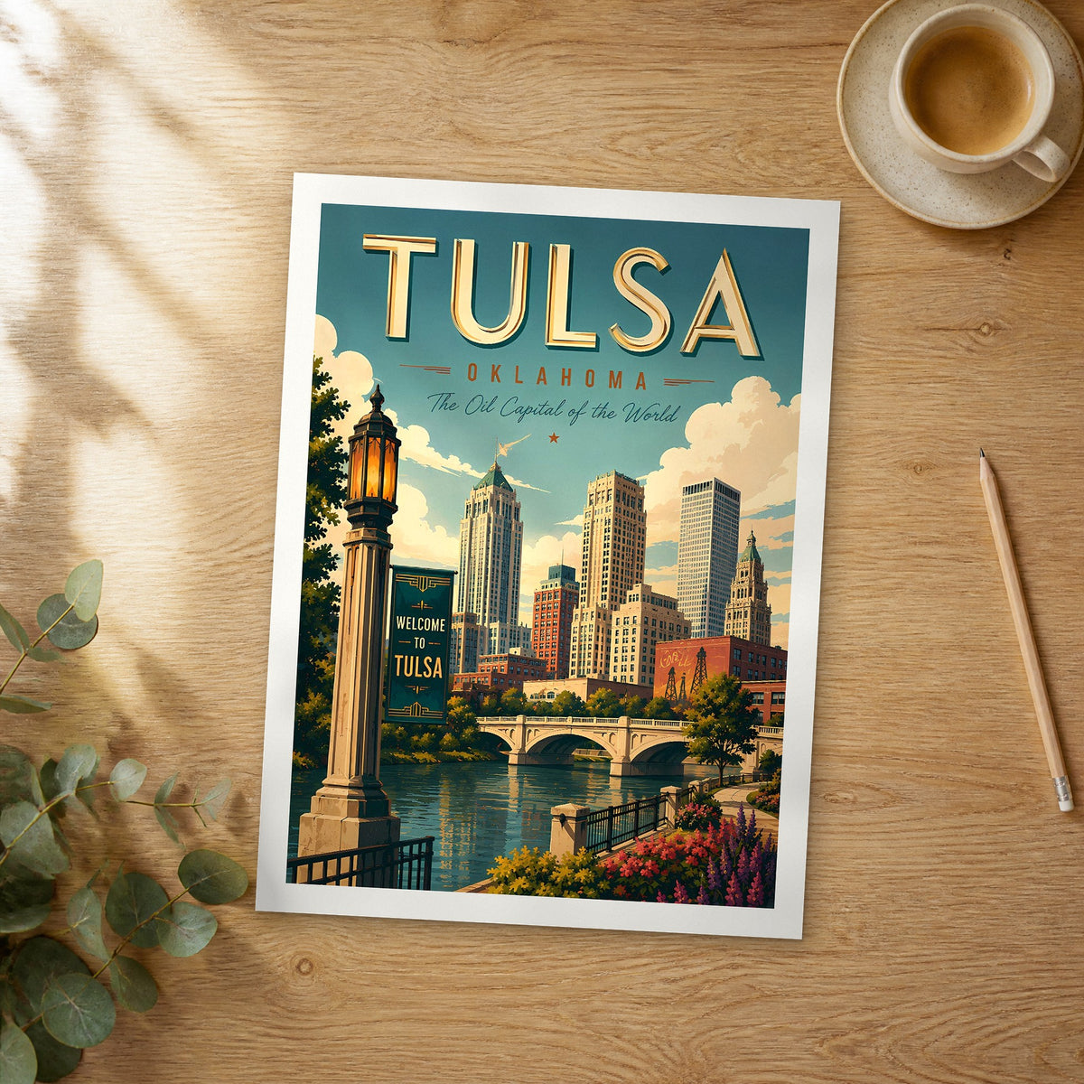 Unframed Tulsa retro travel poster on a wooden table