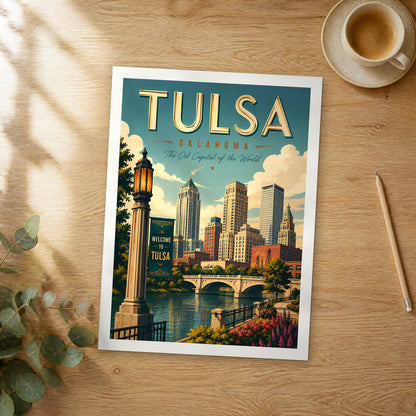 Unframed Tulsa retro travel poster on a wooden table