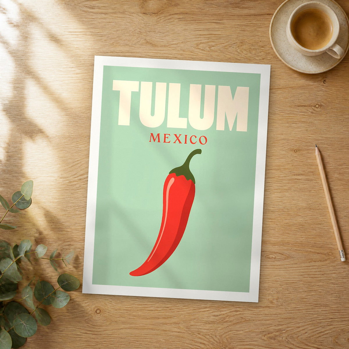 Unframed Tulum pop art travel poster on a wooden table