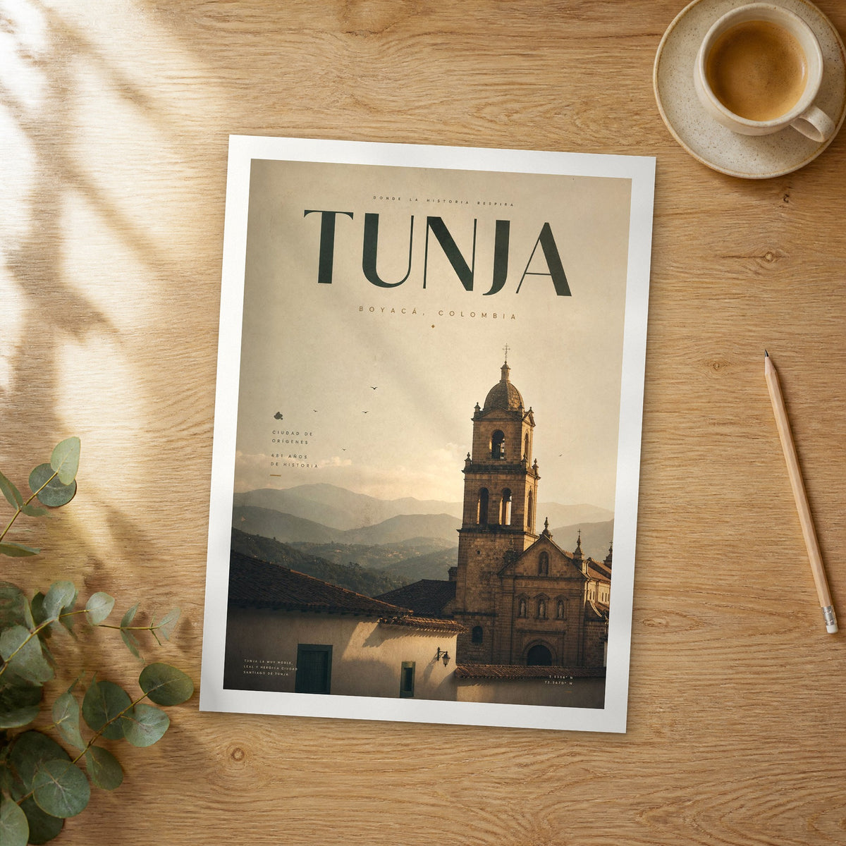 Unframed Tunja bold typography travel poster on a wooden table