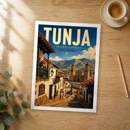 Unframed Tunja retro travel poster on a wooden table