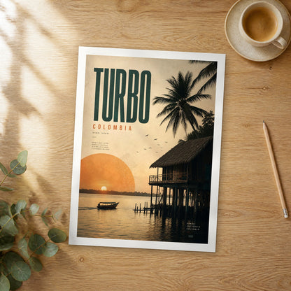 Unframed Turbo bold typography travel poster on a wooden table
