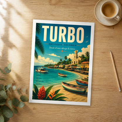Unframed Turbo retro travel poster on a wooden table