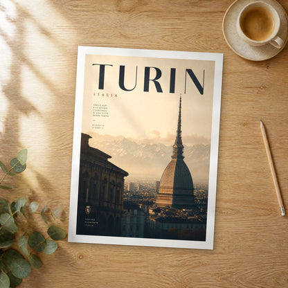 Unframed Turin bold typography travel poster on a wooden table