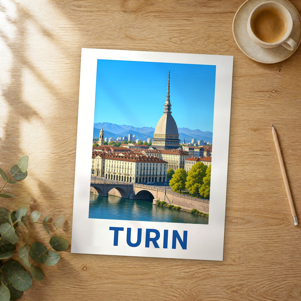 Unframed Turin modern digital travel poster on a wooden table