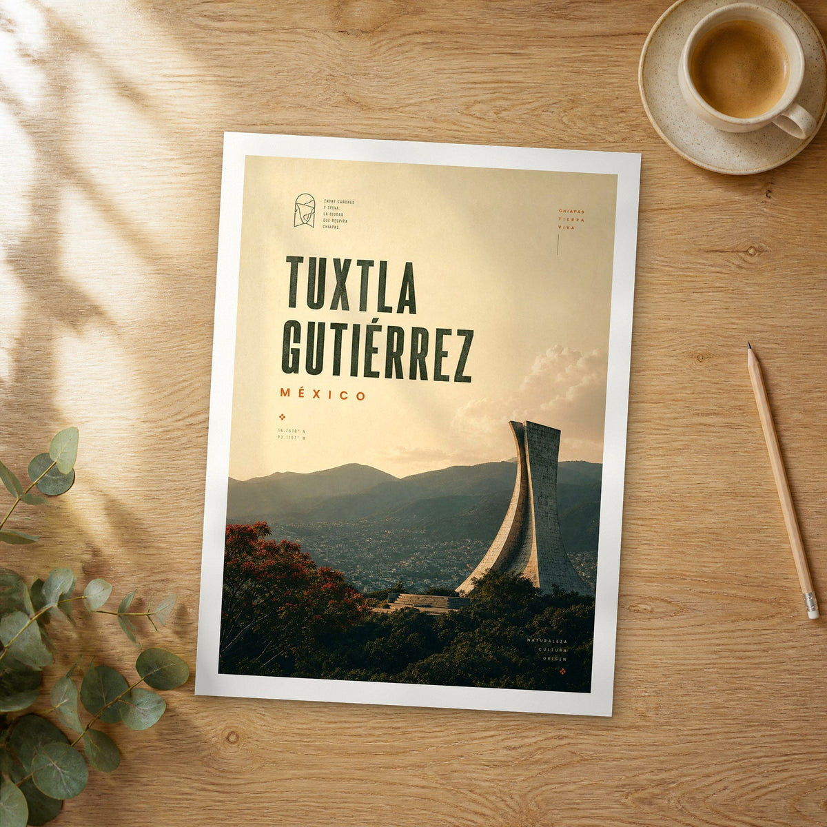 Unframed Tuxtla Gutierrez bold typography travel poster on a wooden table