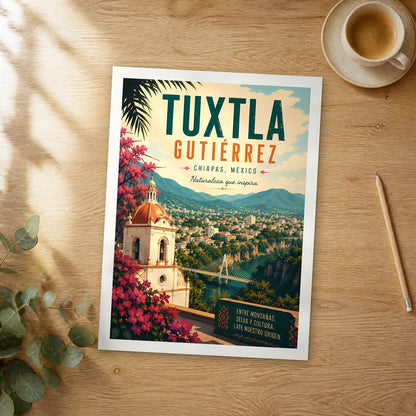 Unframed Tuxtla Gutierrez retro travel poster on a wooden table