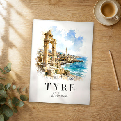 Unframed Tyre watercolor travel poster on a wooden table
