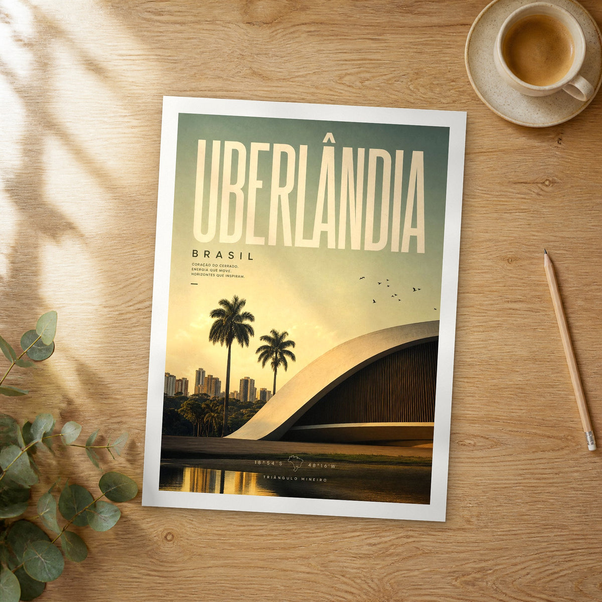 Unframed Uberlândia bold typography travel poster on a wooden table