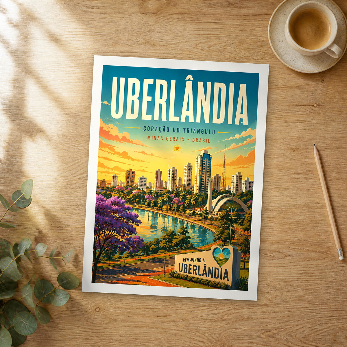 Unframed Uberlândia retro travel poster on a wooden table