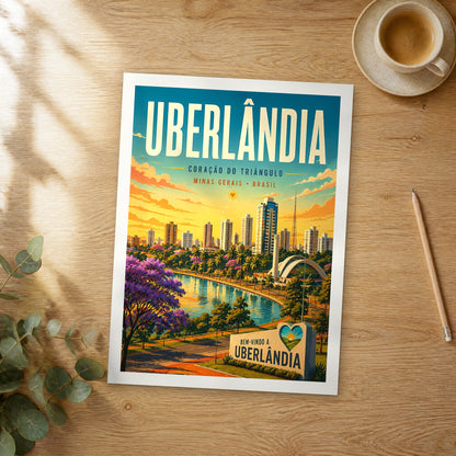 Unframed Uberlândia retro travel poster on a wooden table