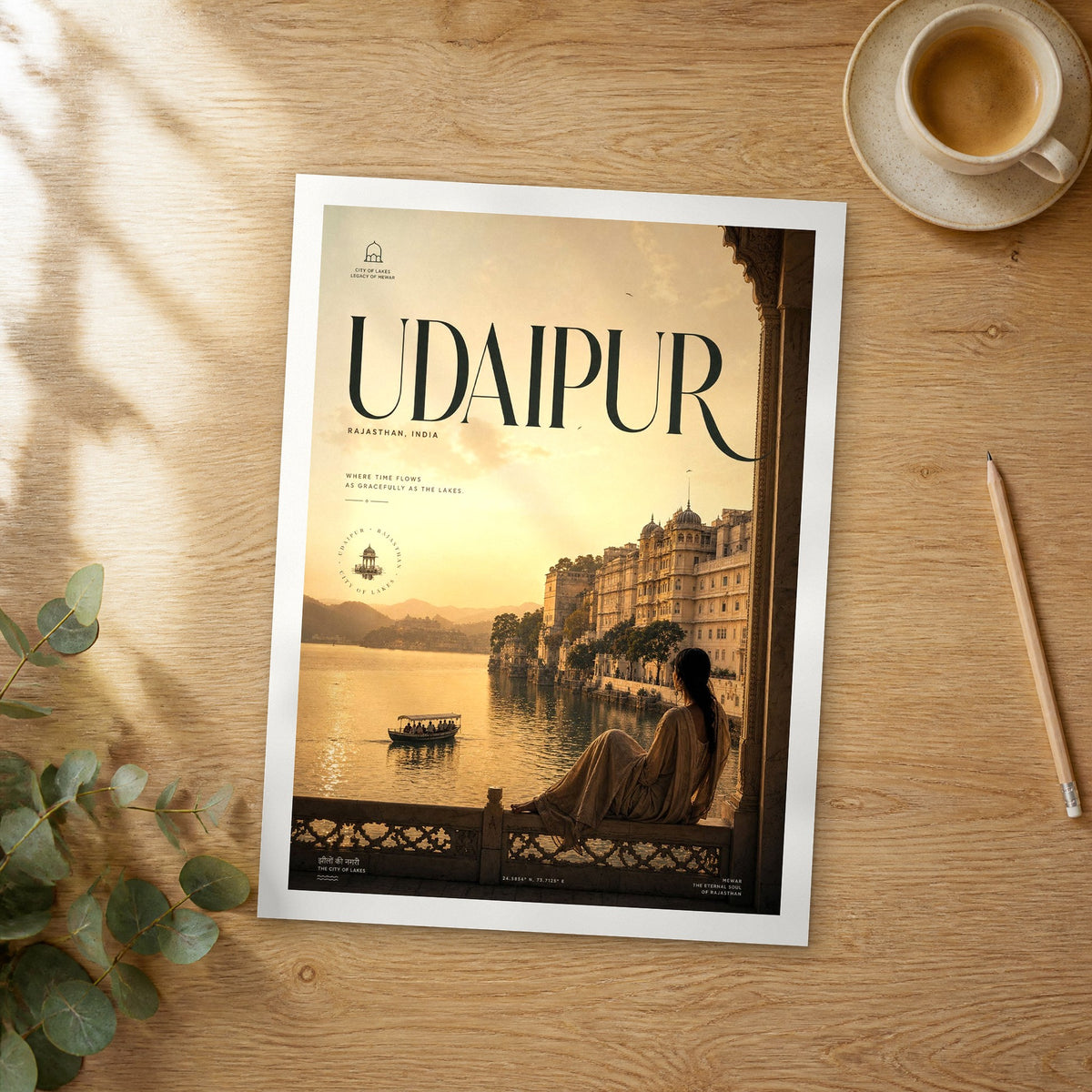 Unframed Udaipur bold typography travel poster on a wooden table