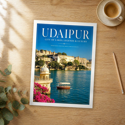 Unframed Udaipur editorial travel poster on a wooden table