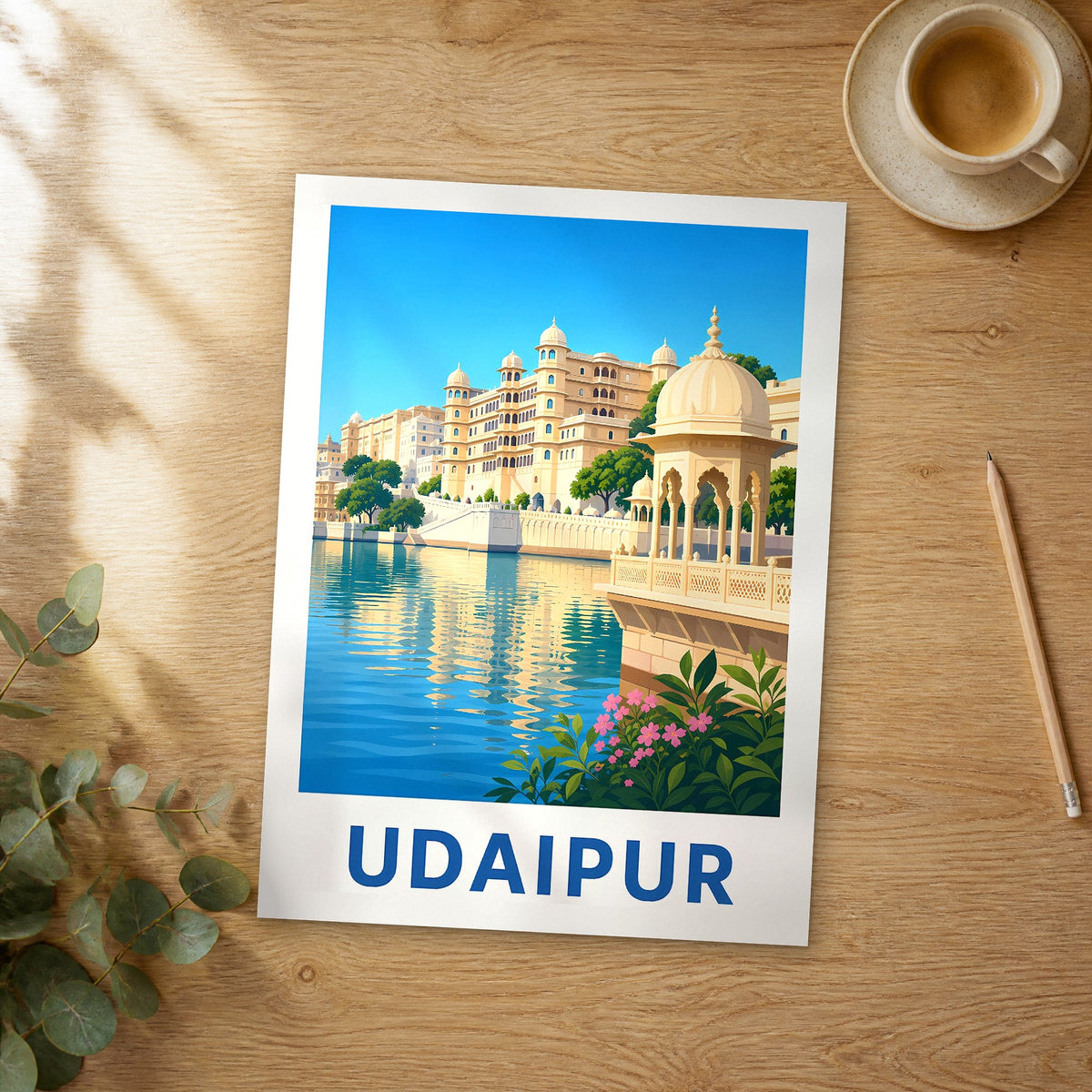 Unframed Udaipur modern digital travel poster on a wooden table