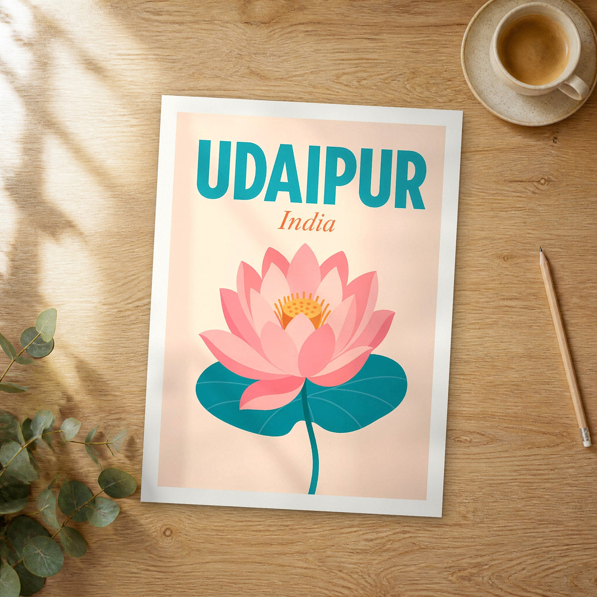 Unframed Udaipur pop art travel poster on a wooden table