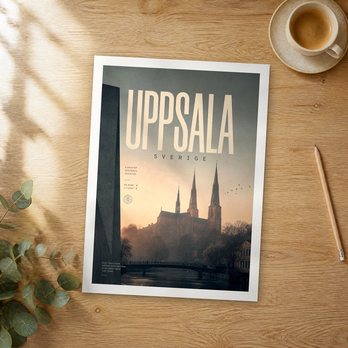 Unframed Uppsala bold typography travel poster on a wooden table