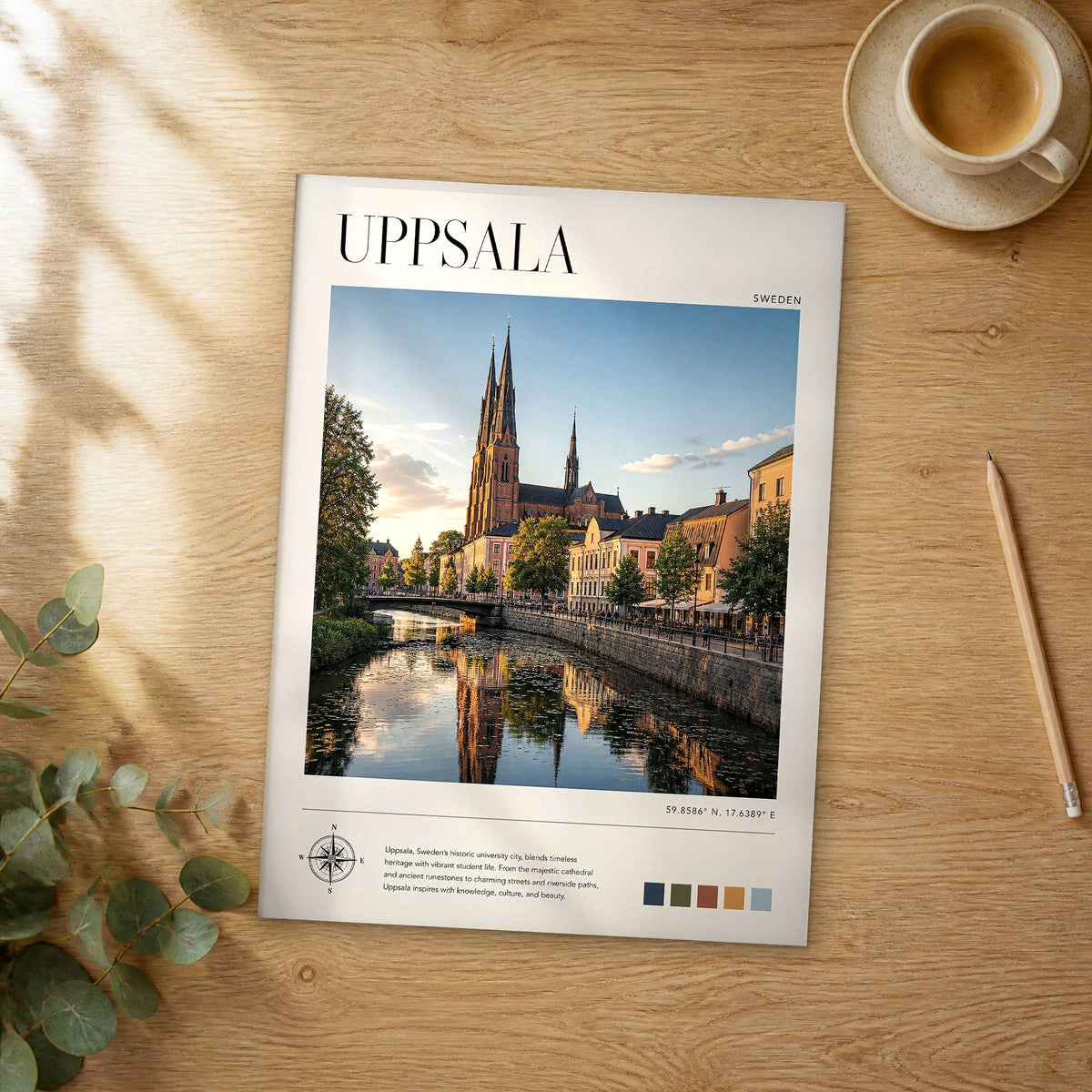 Unframed Uppsala modern photography travel poster on a wooden table