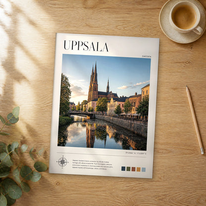 Unframed Uppsala modern photography travel poster on a wooden table