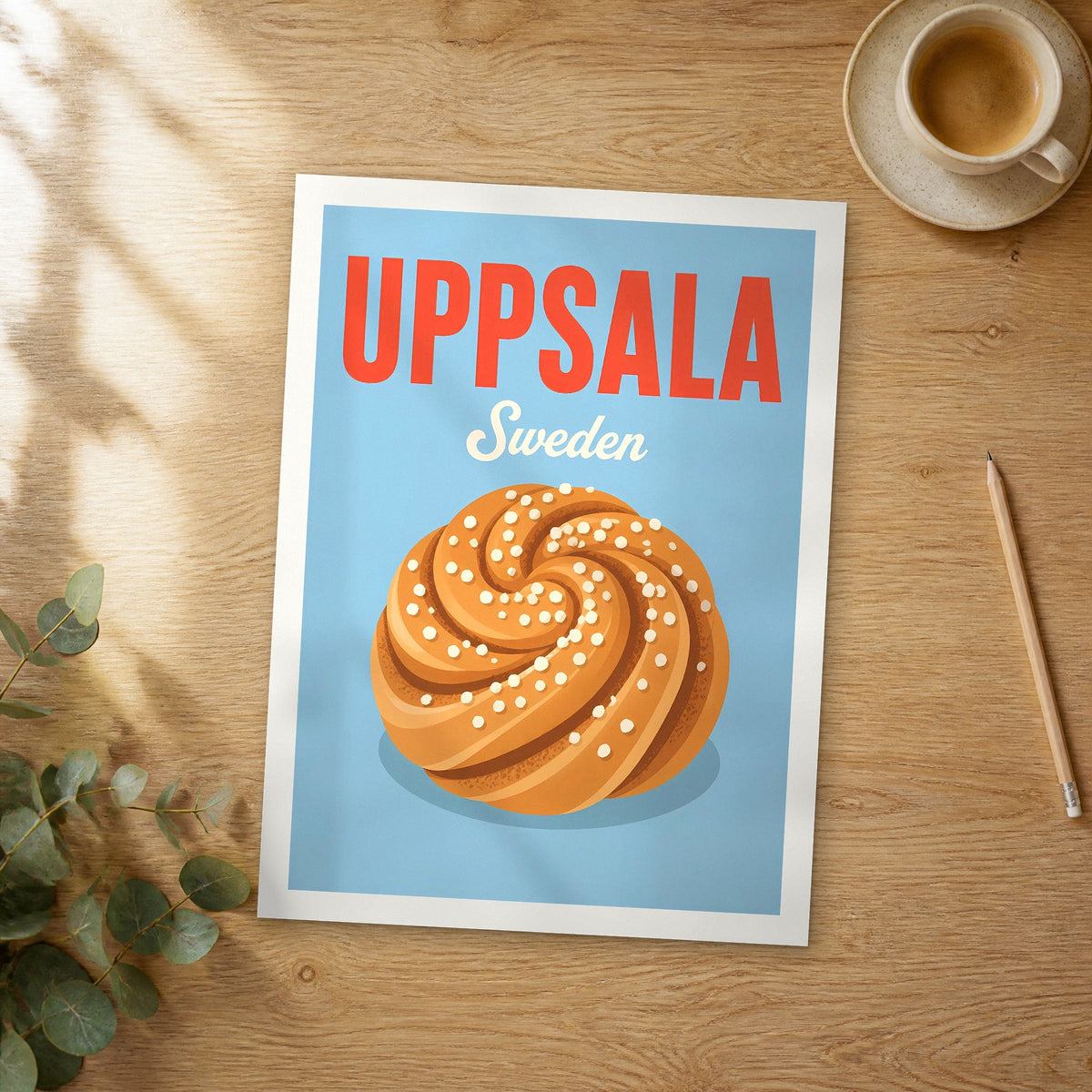 Unframed Uppsala pop art travel poster on a wooden table