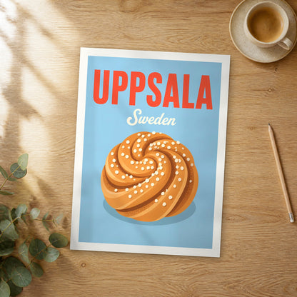 Unframed Uppsala pop art travel poster on a wooden table