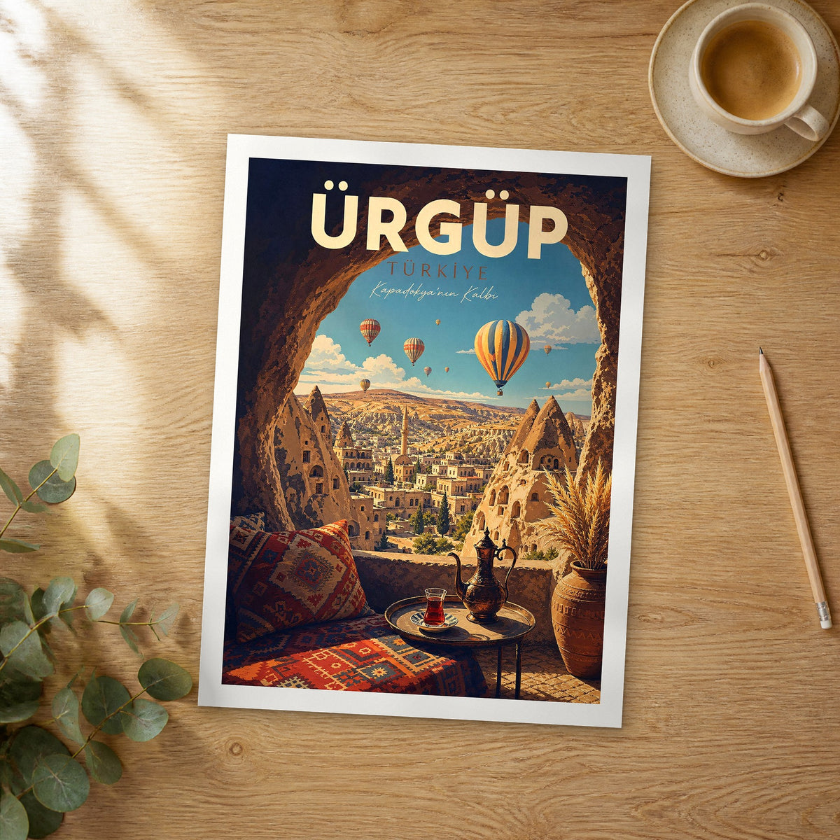 Unframed Urgup retro travel poster on a wooden table