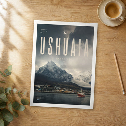 Unframed Ushuaia Harbour with Red Ship bold typography travel poster on a wooden table