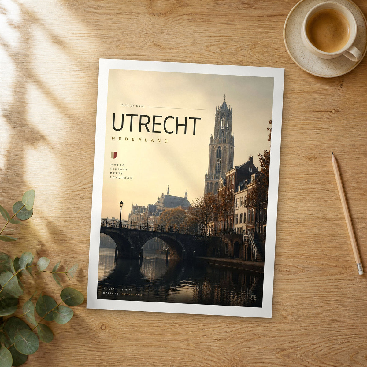 Unframed Utrecht bold typography travel poster on a wooden table